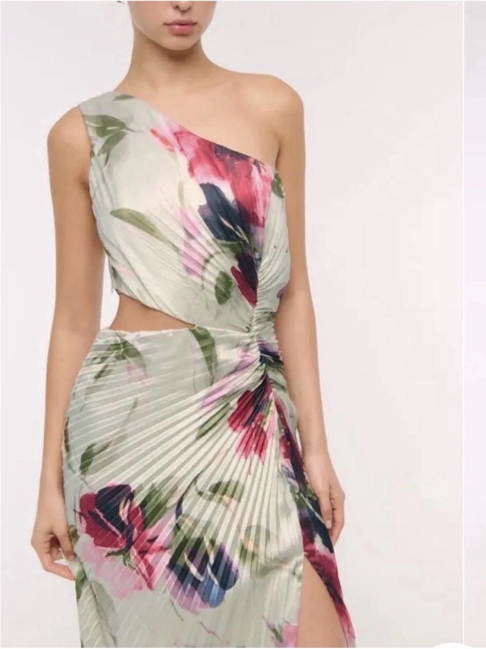 Abercrombie & Fitch One Shoulder Floral Green Pleated Gisele Cutout Maxi Dress - Picture 6 of 14